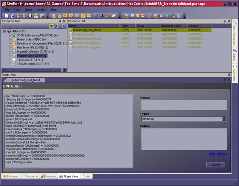Viewing a hair package in SimPE.